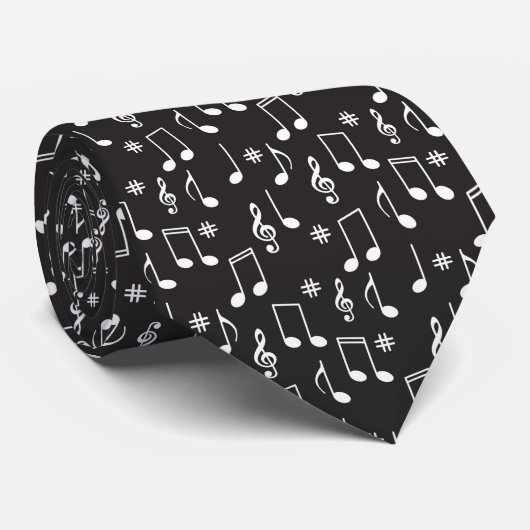 Cravate Noir de notes musicales avec les notes blanches (Roulé)