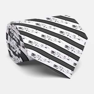 Cravate Noir et blanc gris vintage rayé avec des roses