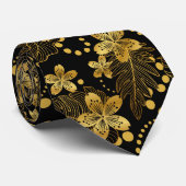 Cravate Noir et or feuilles tropicaux et fleurs motif (Roulé)