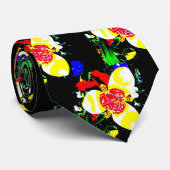 Cravate noir inhabituel avec motif de fleurs jaune et roug (Roulé)