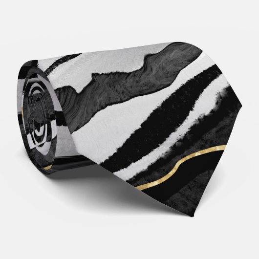 Cravate Noir Marbre Agate Or (Roulé)