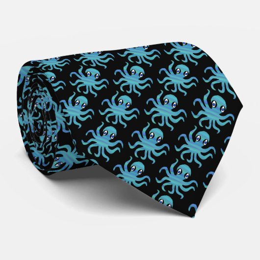 Cravate (noir) - Octopus bleu vert (Roulé)