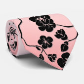 Cravate Noir sur les oiseaux Motifs roses et fleurs de cer (Roulé)