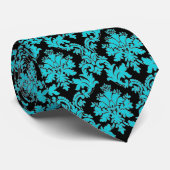 Cravate Noir & turquoise bleu turquoise Floral Damask (Roulé)