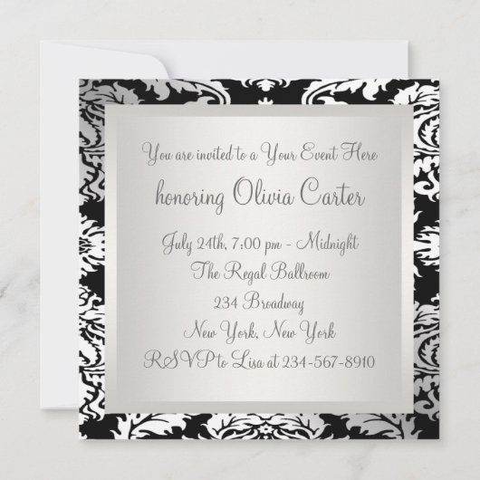 Cravate noire blanc Noir Damask Party Invitation (Dos)