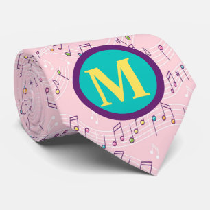 Cravate note de musique rose coloré motif monogramme music