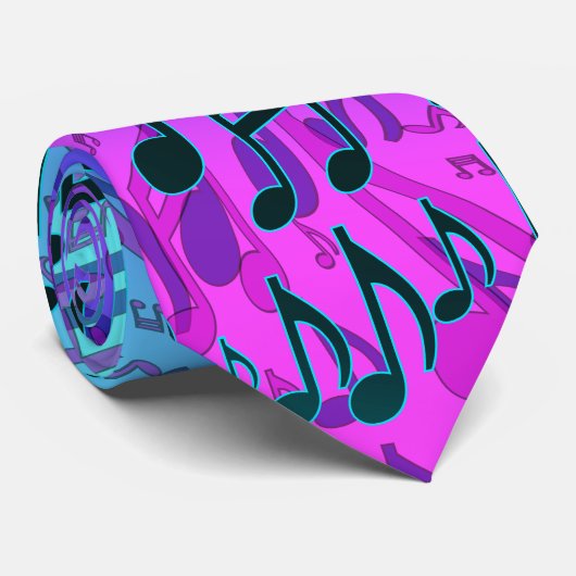 Cravate Notes de musique motif musical bleu vert rose aqua (Roulé)