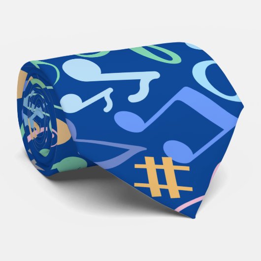 Cravate Notes et symboles musicaux Pastel Motif. BG bleu (Roulé)