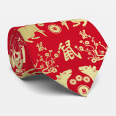 Cravate Nouvel An chinois du Rat Motif - Rouge et Or (Roulé)