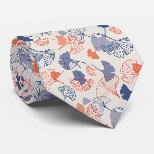 Cravate Novelty Ginkgo Navy Blue et Orange Motif (Roulé)