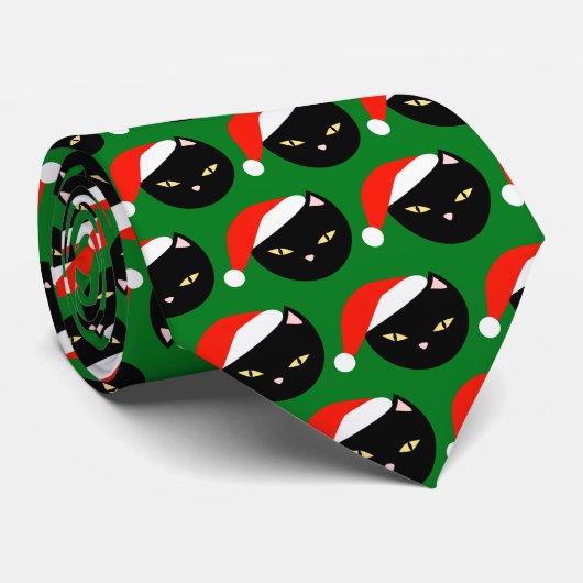 Cravate Novelty Père Noël Chat Motif noir vert Noël (Roulé)