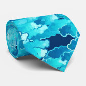 Cravate Nuages Japonais, Ciel du Soir, Turquoise et Indigo (Roulé)
