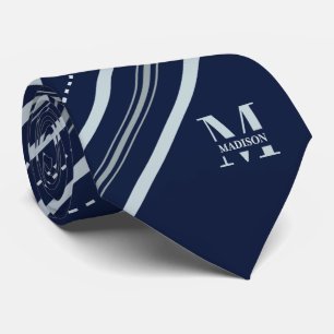 Cravate Nuit Navy & Rayure Grise avec Monogramme & Nom