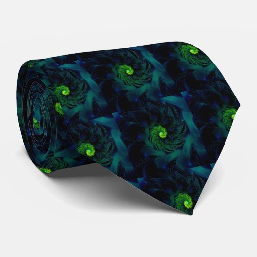 Cravate Obscurité | Art fractal bleu et vert (Roulé)