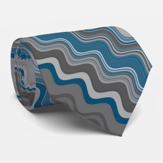 Cravate Océan Bleu Argent gris gris gris Wavy Zigzag Motif (Roulé)