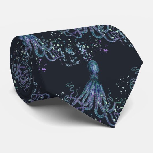 Cravate Océan Octopus Indigo Blue Mauve Green Sous-marin (Roulé)