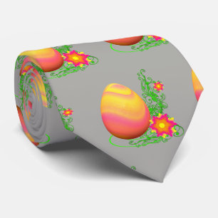 Cravate Oeuf De Pâques Coloré Et Fleurs Sur Gris