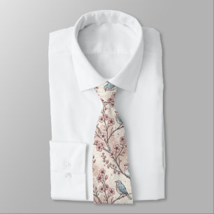Cravate Oiseaux Bleus Pastel avec Fleurs de Cerisier Roses