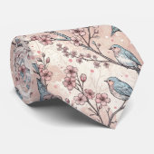 Cravate Oiseaux Bleus Pastel avec Fleurs de Cerisier Roses (Roulé)