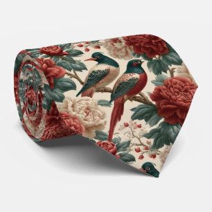 Cravate Oiseaux de chinoiserie vintage et fleurs de pivoin