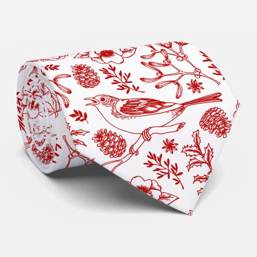 Cravate Oiseaux de Noël rouges et blancs et feuillage (Roulé)