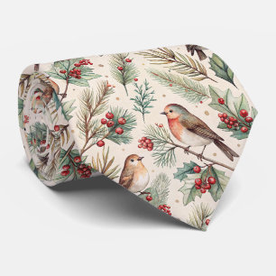 Cravate Oiseaux de Noël vintage - Houx et Rouge-gorge