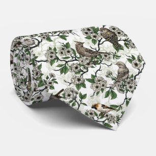 Cravate Oiseaux et fleurs de cerisier sur fond blanc