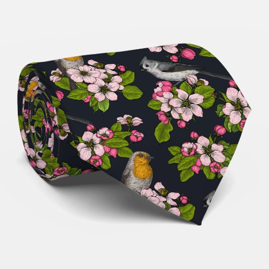 Cravate Oiseaux et fleurs en noir (Roulé)