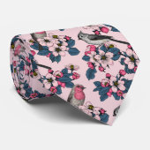 Cravate Oiseaux et fleurs roses (Roulé)