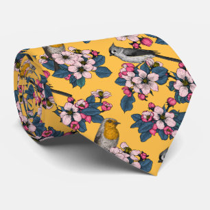 Cravate Oiseaux et fleurs sur le jaune