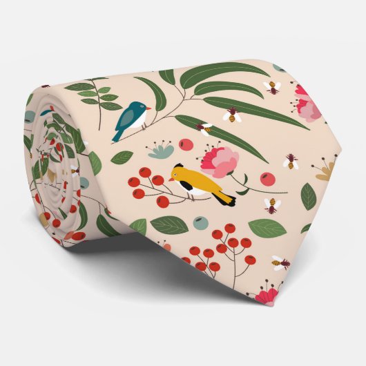 Cravate Oiseaux floraux dessinés à la main Motif botanique (Roulé)