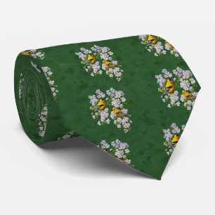Cravate Oiseaux Goldfinch & fleurs de pomme vert