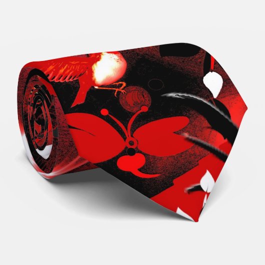 Cravate Oiseaux rouges floraux asiatiques hommes (Roulé)