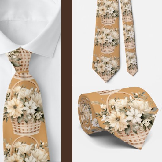 Cravate Or Beige Taupe Ivoire Blanc Aquarelle Floral