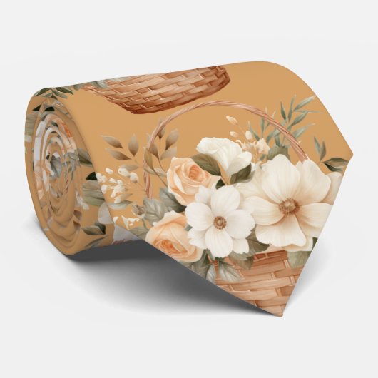 Cravate Or Beige Taupe Ivoire Blanc Aquarelle Florale (Roulé)