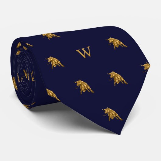 Cravate Or Bull Monogrammé Métallic Or Initiales Bleu (Roulé)
