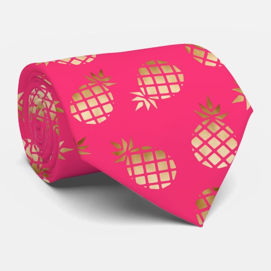 Cravate Or tropical d'été et motif rose d'ananas (Roulé)