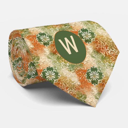 Cravate Orange Brûlé, Vert mousse Monogramme Abstrait Flor (Roulé)