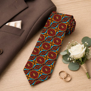 Cravate Orange Rouge Turquoise Bleu Noir Tribal Unique