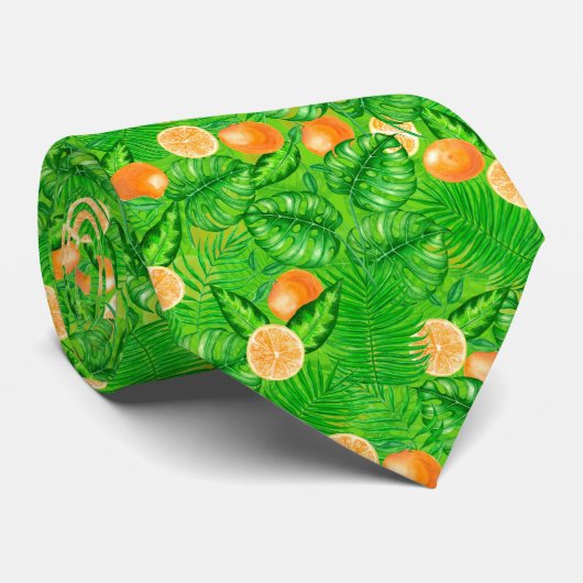 Cravate Oranges et feuilles tropicaux (Roulé)