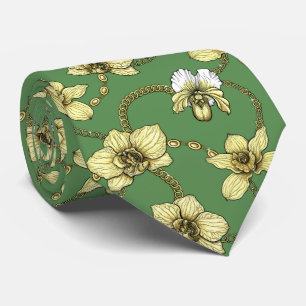 Cravate Orchidées et chaînes, jaune et vert kelly