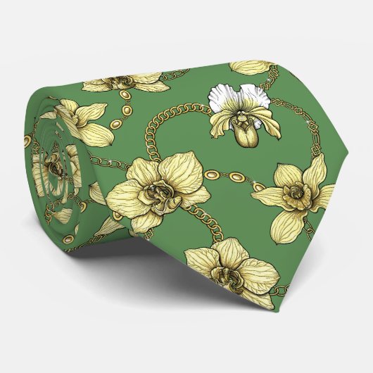 Cravate Orchidées et chaînes, jaune et vert kelly (Roulé)