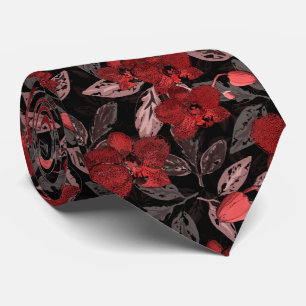 Cravate Orchidées rouges sur noir.
