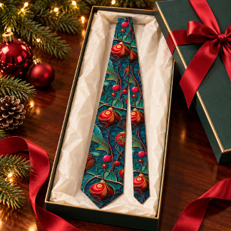 Cravate Ornements de Noël Art Nouveau Vintage Teal Rouge