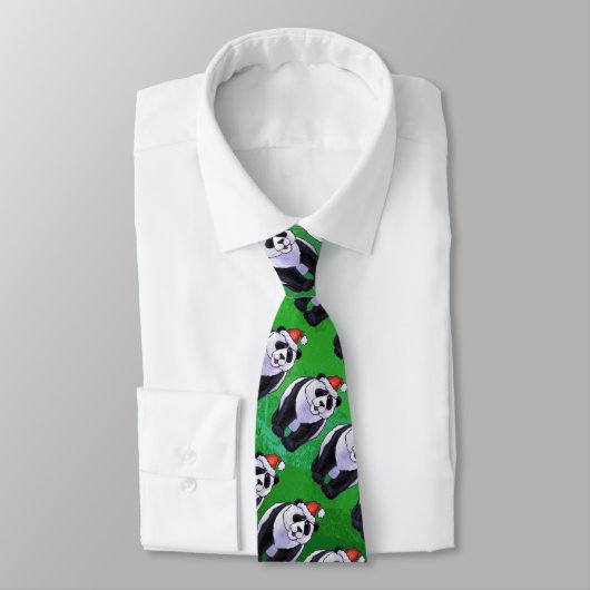 Cravate Ours de panda à Santa Hat sur Vert (Attaché)