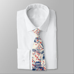 Cravate Pagode Japonaise Fleur de Cerisier Crème Bleue