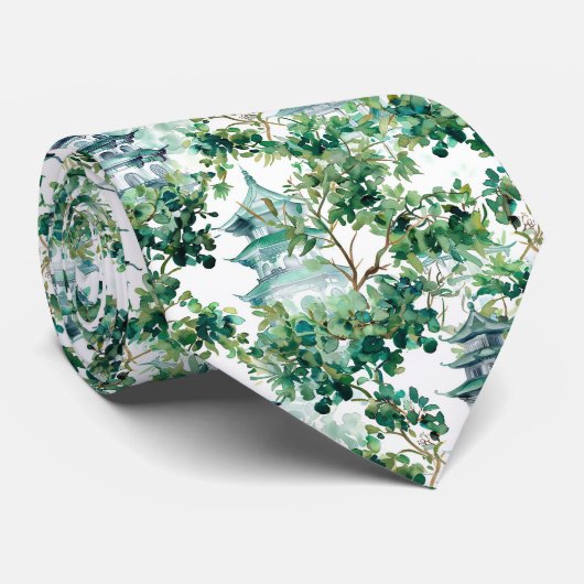 Cravate Pagodes aquarelle forêt d'olive paysage asiatique (Roulé)