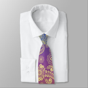 Cravate Paisley Luxe Doré sur Fond Bleu, Violet et Orange