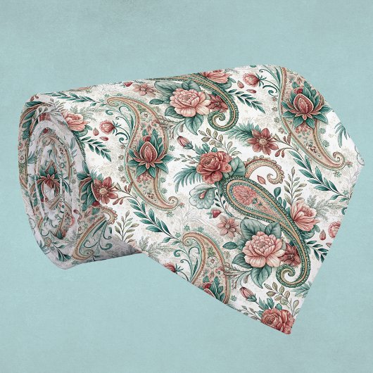 Cravate Paisley Vintage Look Rose Bourgogne Vert Maison