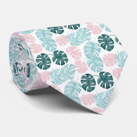 Cravate Palm Feuille Pastel Turquoise rose foncé vert (Roulé)